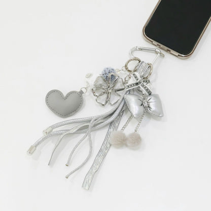 Silver Ribbon Heart Tassel Keyring - Floral Beads Bag Charm