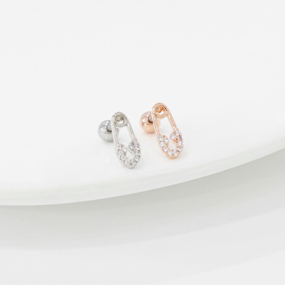 CZ safety pin helix earring detail closeup