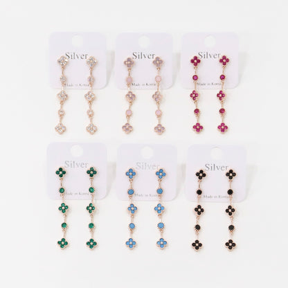 Complete collection of clover drop earrings in 6 colors: crystal, pink, ruby, emerald, turquoise, black