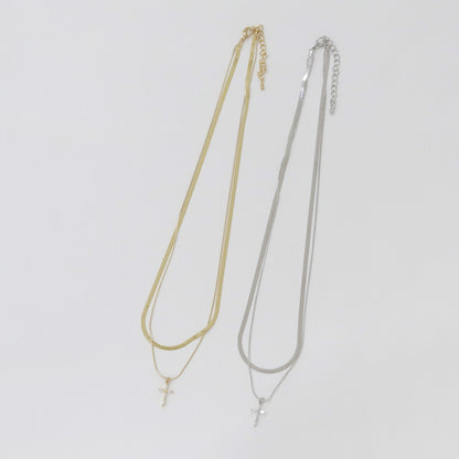 Layered Cross Pendant Necklace, Snake Chain & Box Chain Layered Necklace