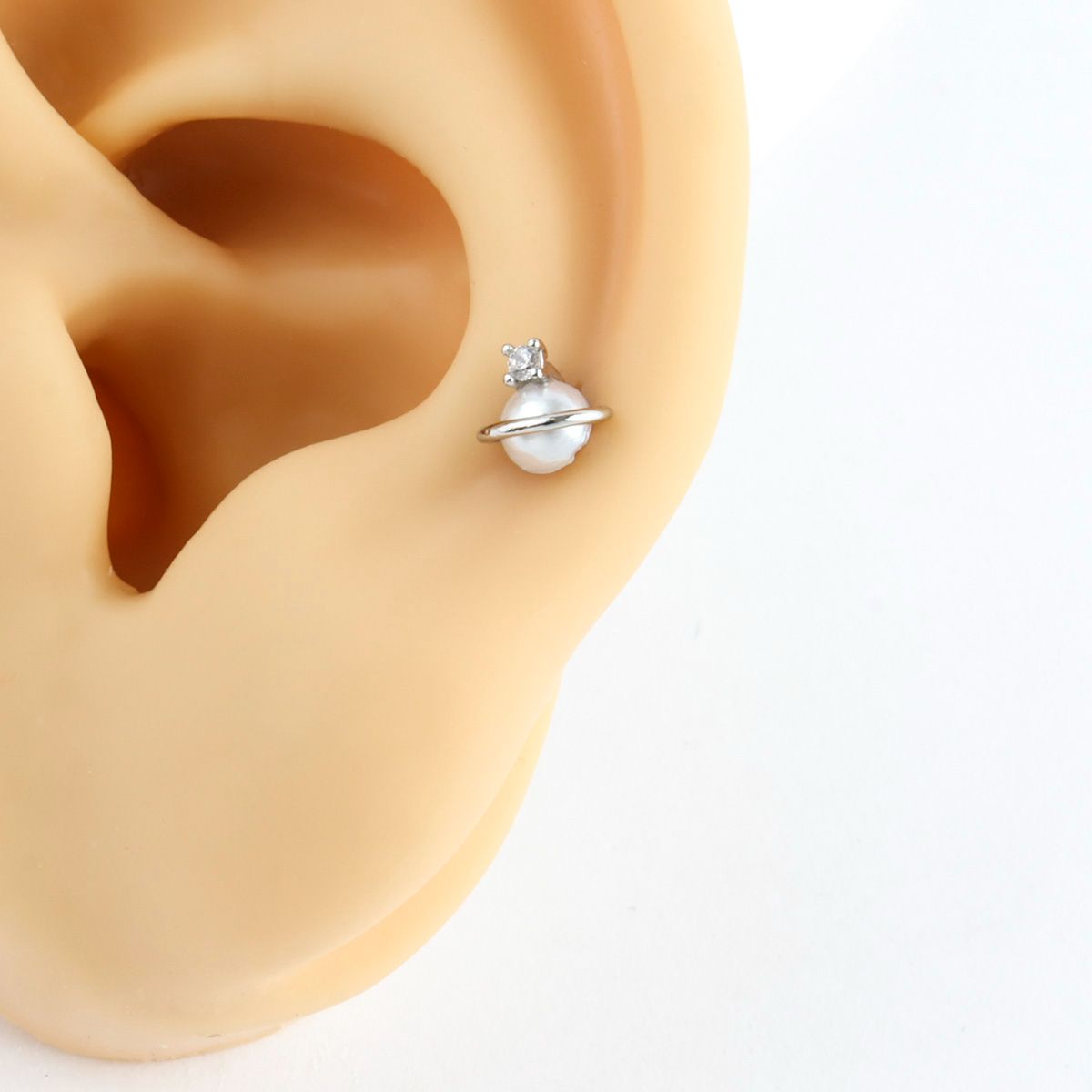 Faux Pearl Cubic Planet Piercing,Surgical Steel Inner Conch Helix Jewelry, Modern Layered Ear Curation Minimal,Saturn Planet piercing