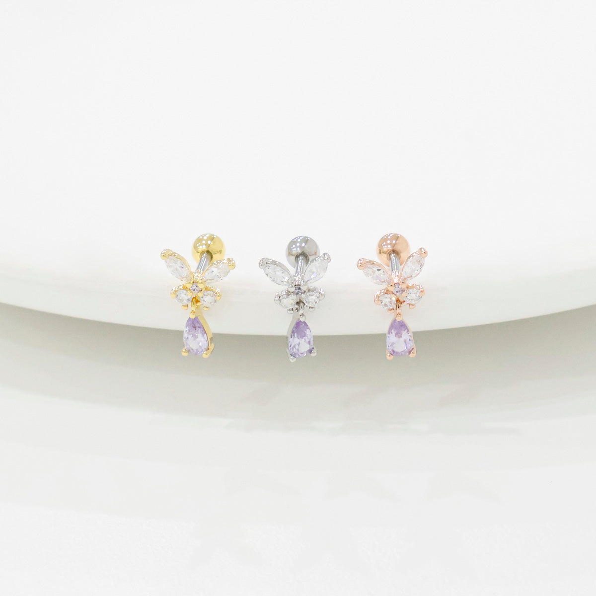 Butterfly Drop Barbell Earrings – Purple & Clear CZ | Cartilage Piercing | 8TTITTO8