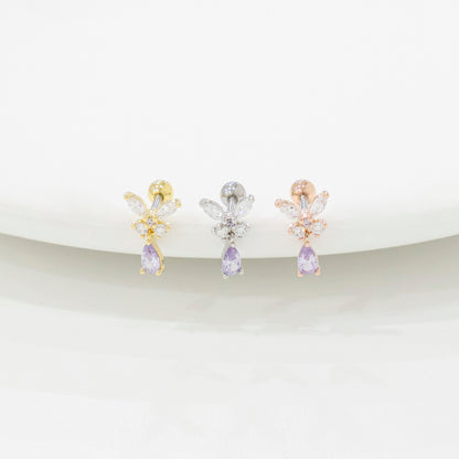 Butterfly Drop Barbell Earrings – Purple & Clear CZ | Cartilage Piercing | 8TTITTO8