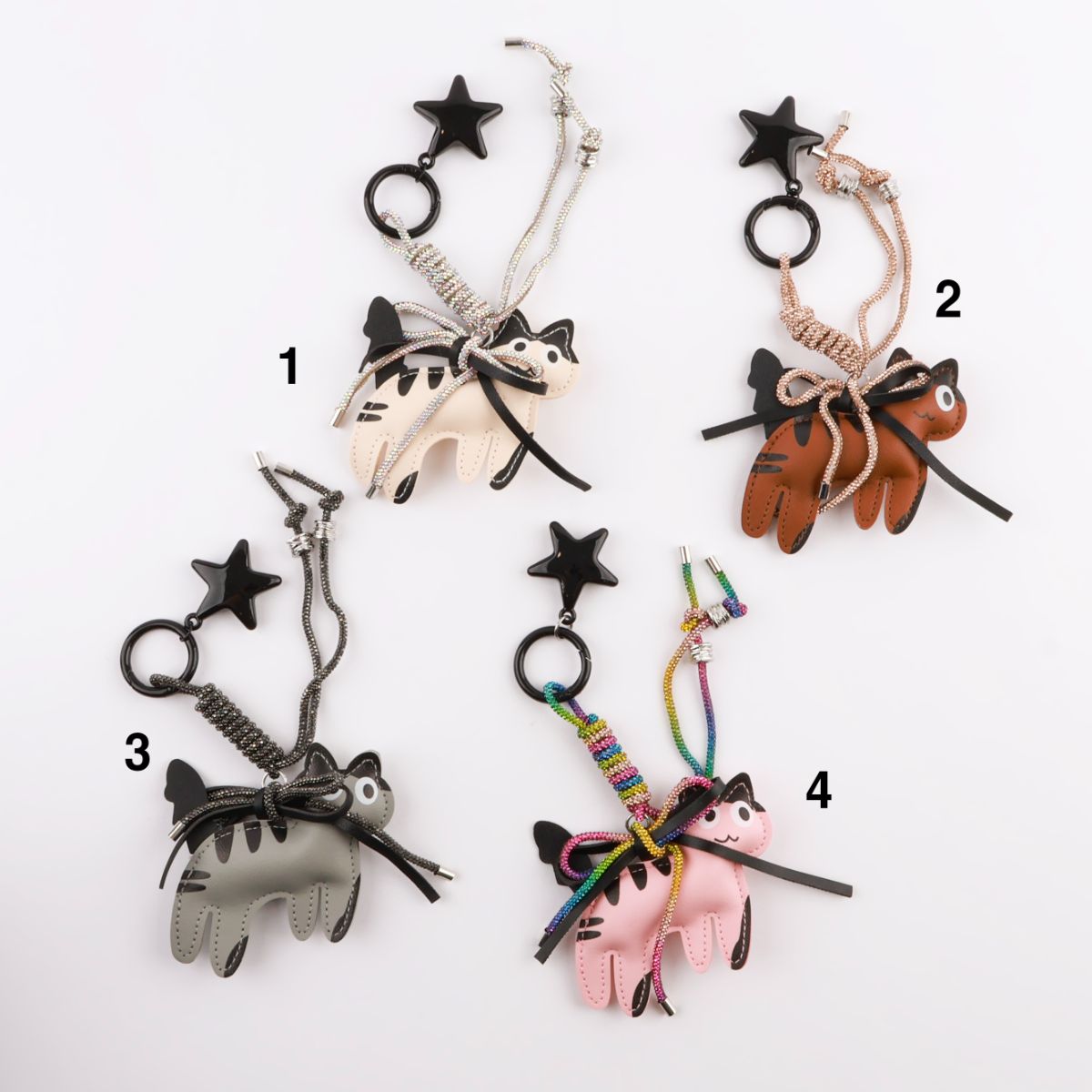 Handmade Leather Cat Keychain with Sparkle Ribbon & Star