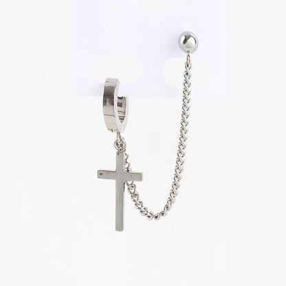 Cross Chain Barbell Earring, Silver Unisex Punk Style