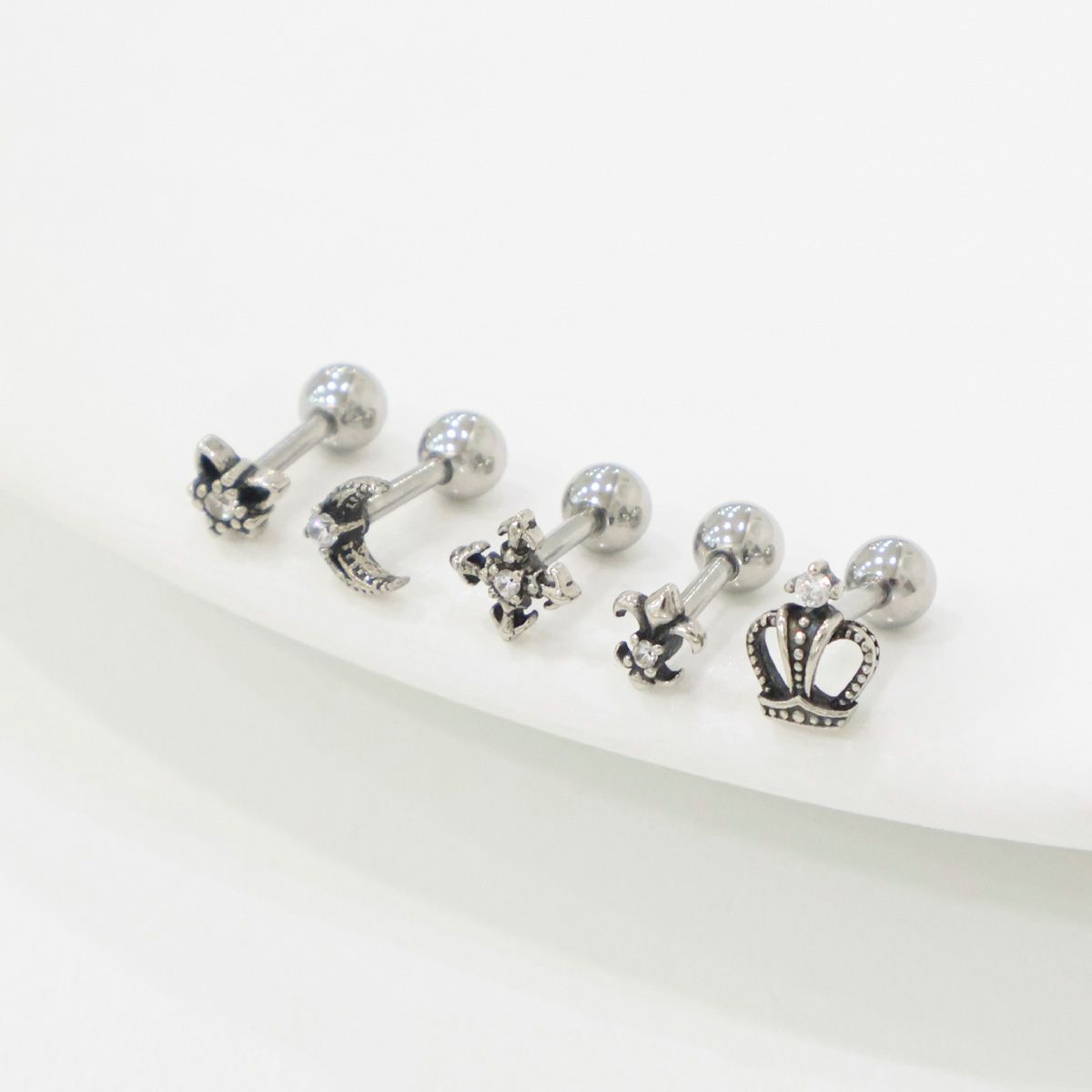 Gothic Stud Earrings,Star, Moon, Cross, Fleur de Lis, Crown Surgical Steel barbell stud