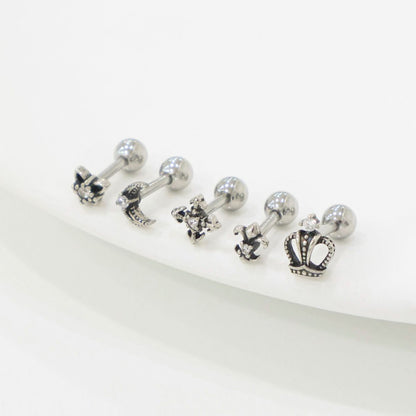 Gothic Stud Earrings,Star, Moon, Cross, Fleur de Lis, Crown Surgical Steel barbell stud