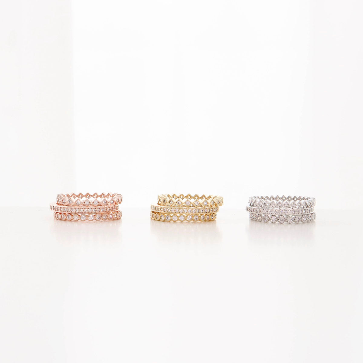 Gold silver rose gold ring trio