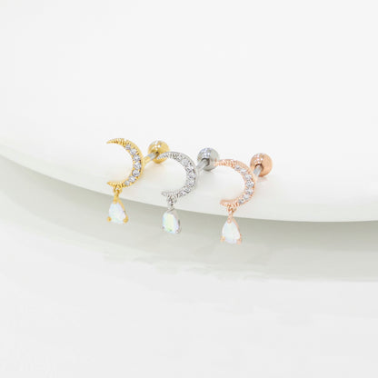 Angled view comparison of Gold, Silver, and Rose Gold crescent moon cartilage studs