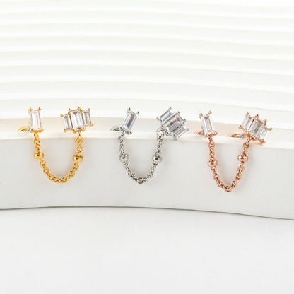 Baguette Crystal Double Piercing Chain Studs | Surgical Steel