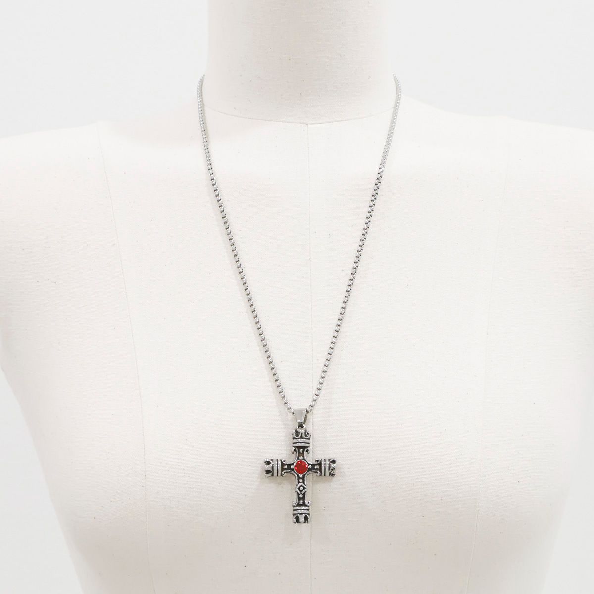 Gothic Cross Necklace with Red Gem - Vintage Stainless Steel Pendan