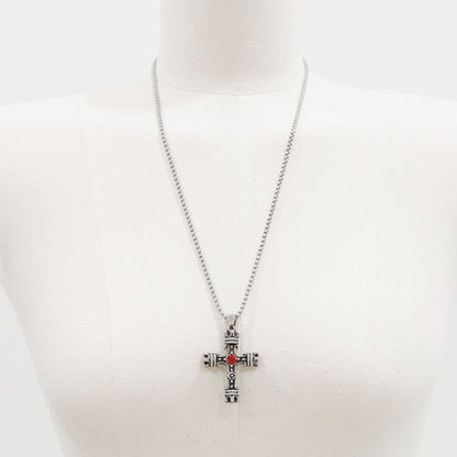 Gothic Cross Necklace with Red Gem - Vintage Stainless Steel Pendan
