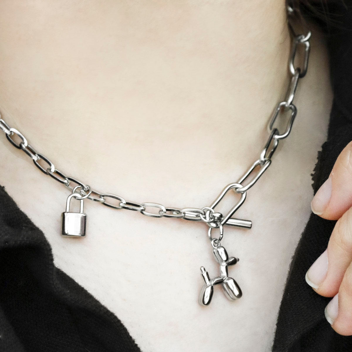 Surgical Steel Balloon Dog Padlock Mixed Chain Toggle Necklace