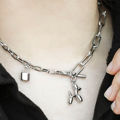 Surgical Steel Balloon Dog Padlock Mixed Chain Toggle Necklace