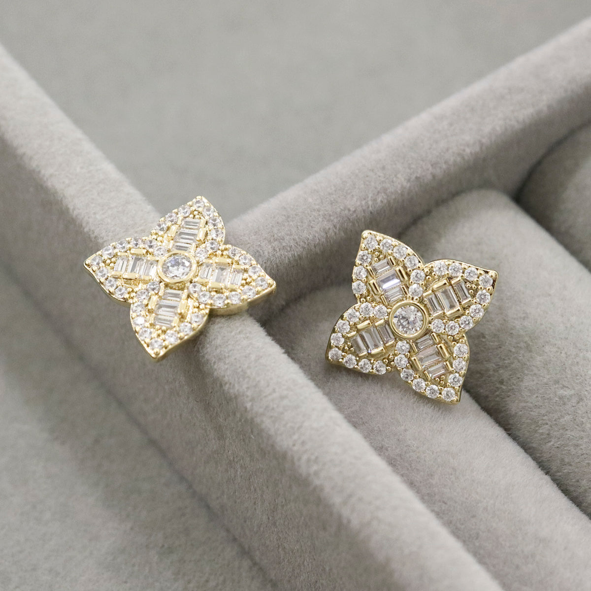 Luxe Floral Baguette Cut CZ Stud Earrings - 925 Silver Post 3 Colors