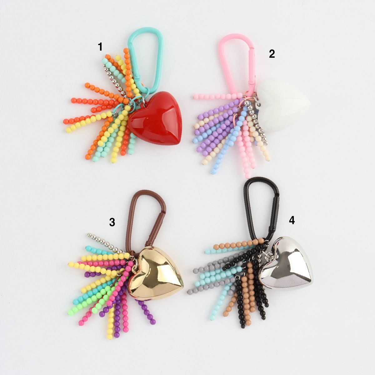 Heart beaded keychain 4 color options - Red rainbow, pink pastel, gold neon, silver cool tone bag charms