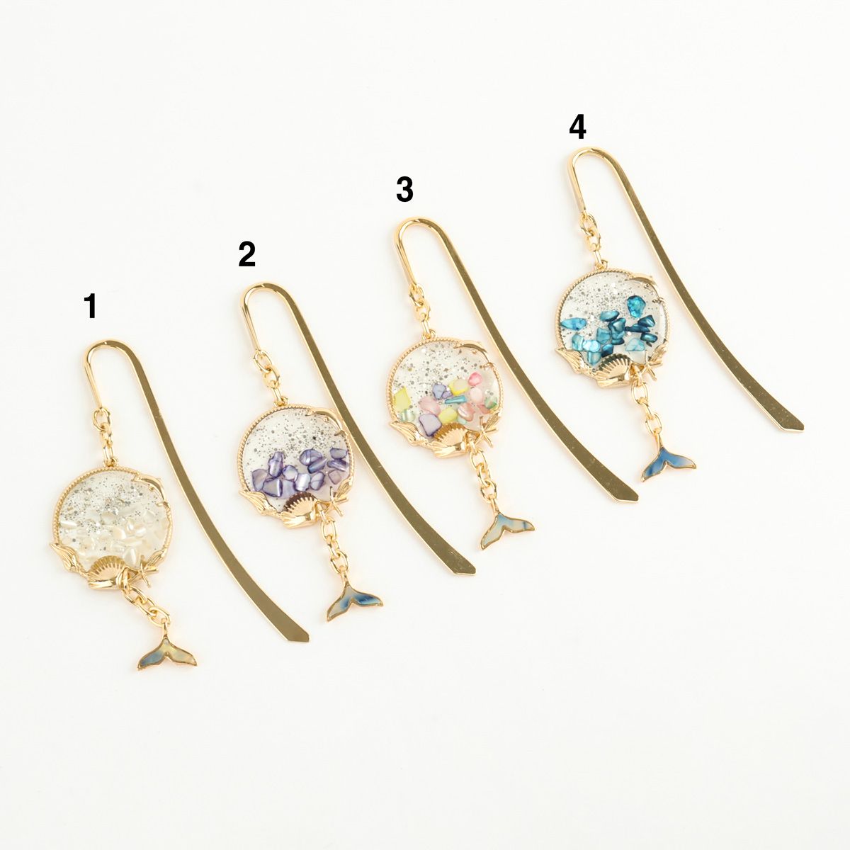 Lucky Whale Tail Metal Bookmark with Handmade Resin Shell Charm - Gold Shepherd Hook Page Marker in 4 Colors