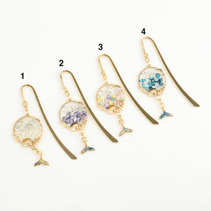 Lucky Whale Tail Metal Bookmark with Handmade Resin Shell Charm - Gold Shepherd Hook Page Marker in 4 Colors