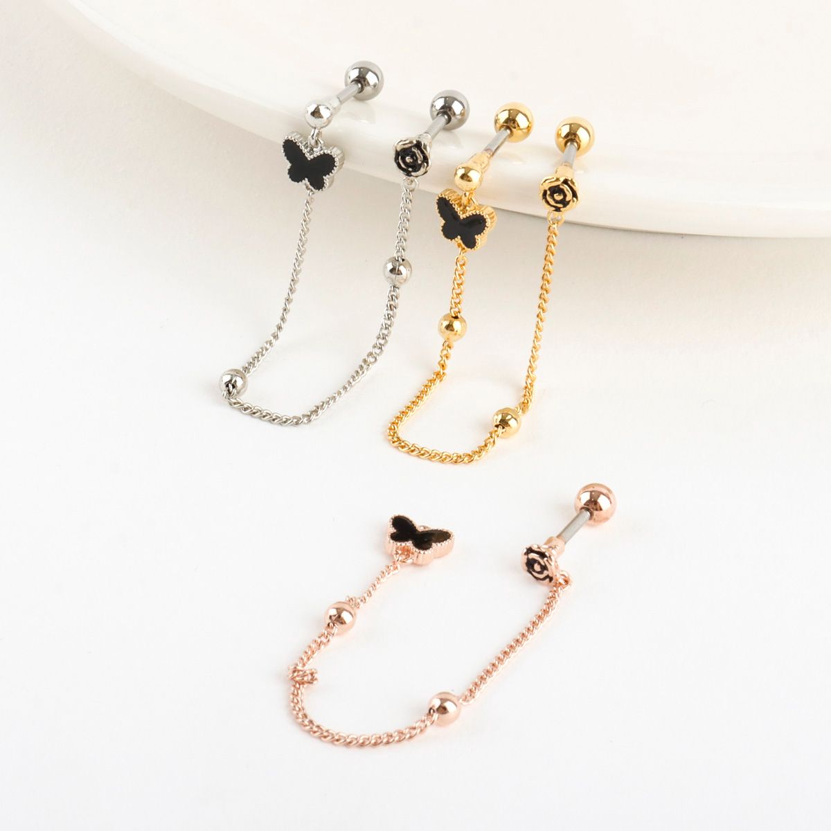 Surgical Steel Double Piercing Chain Earring Butterfly Rose Cartilage Barbell Stud