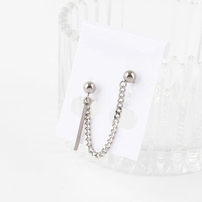 Two-pin barbell piercing with chain connector and stick charm on white background