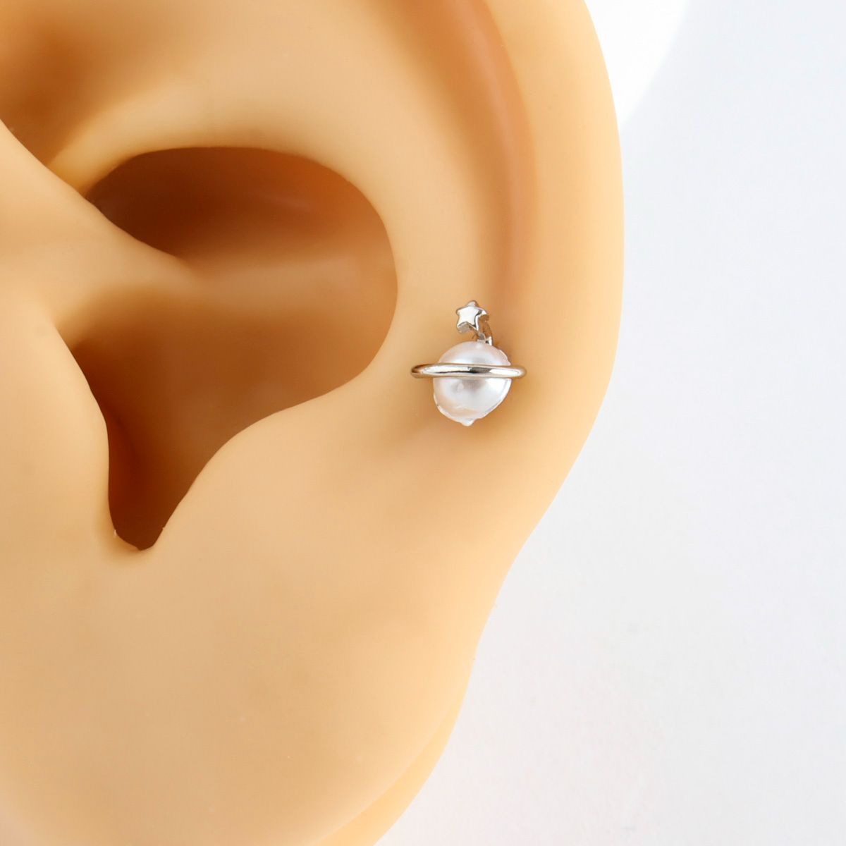 Saturn Planet Pearl Orbit Barbell Piercing with Star Detail - Surgical Steel