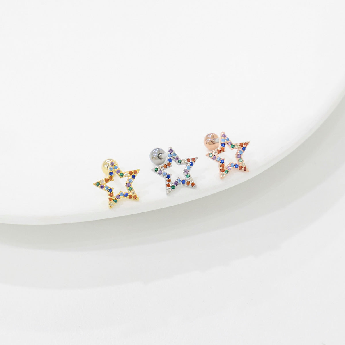 Rainbow CZ Star & Moon Piercing — Cartilage Helix Stud | Gold Silver Rose Gold