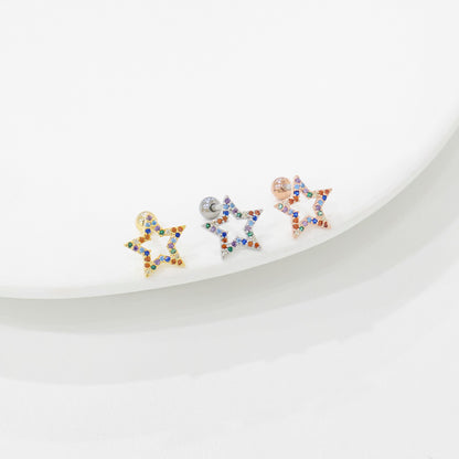 Rainbow CZ Star & Moon Piercing — Cartilage Helix Stud | Gold Silver Rose Gold