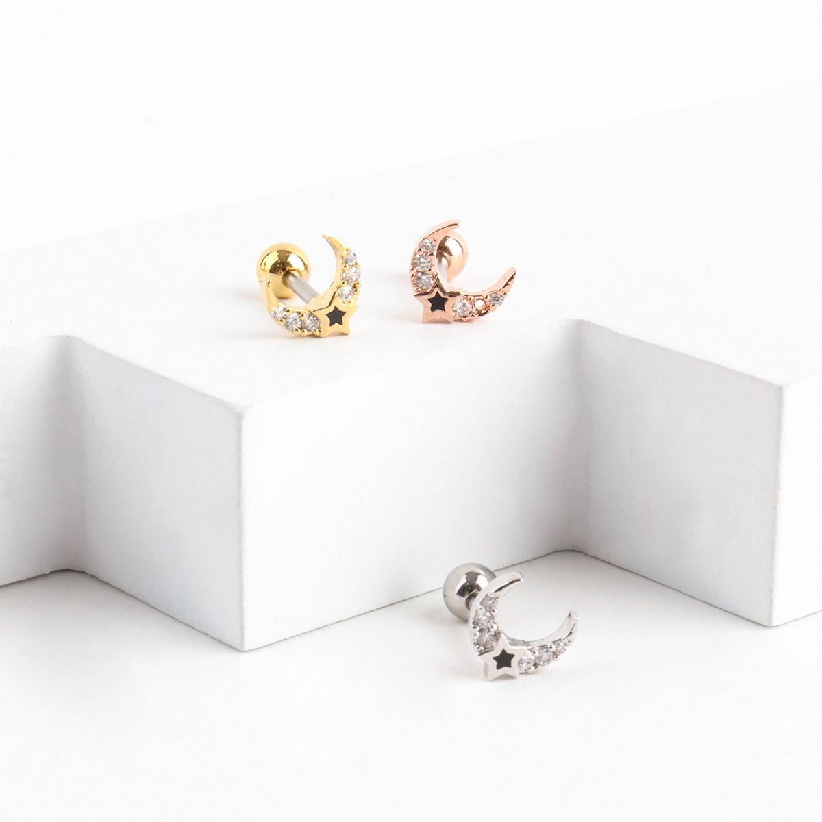 Black Star Crescent Moon Barbell in Gold, Silver & Rose Gold