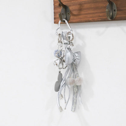 Silver Ribbon Heart Tassel Keyring - Floral Beads Bag Charm