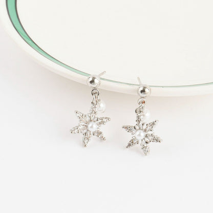 Snowflake Pearl Drop Earrings – Dainty Winter Sparkle