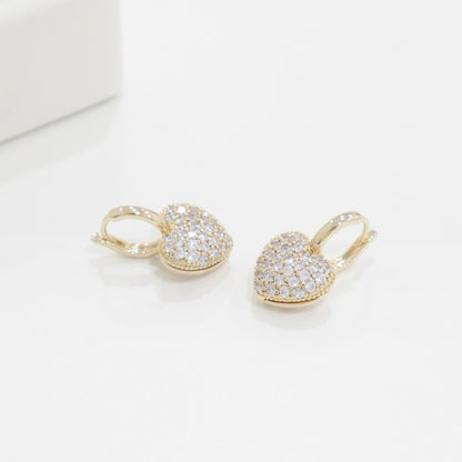 Pave Cubic Zirconia Puffy Heart Huggie Hoop Earrings Gold Silver Rose Gold