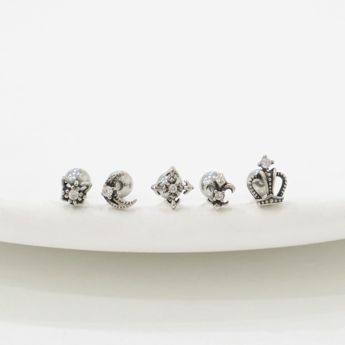 Gothic Stud Earrings,Star, Moon, Cross, Fleur de Lis, Crown Surgical Steel barbell stud