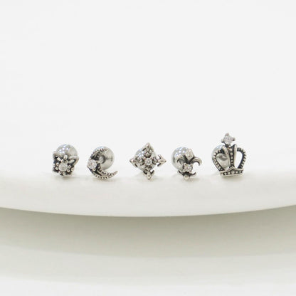 Gothic Stud Earrings,Star, Moon, Cross, Fleur de Lis, Crown Surgical Steel barbell stud