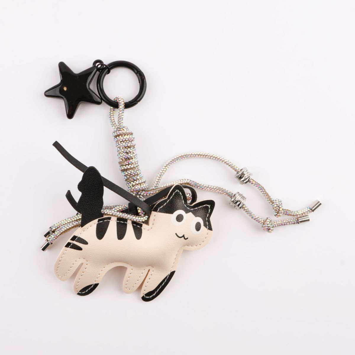 Handmade Leather Cat Keychain with Sparkle Ribbon & Star