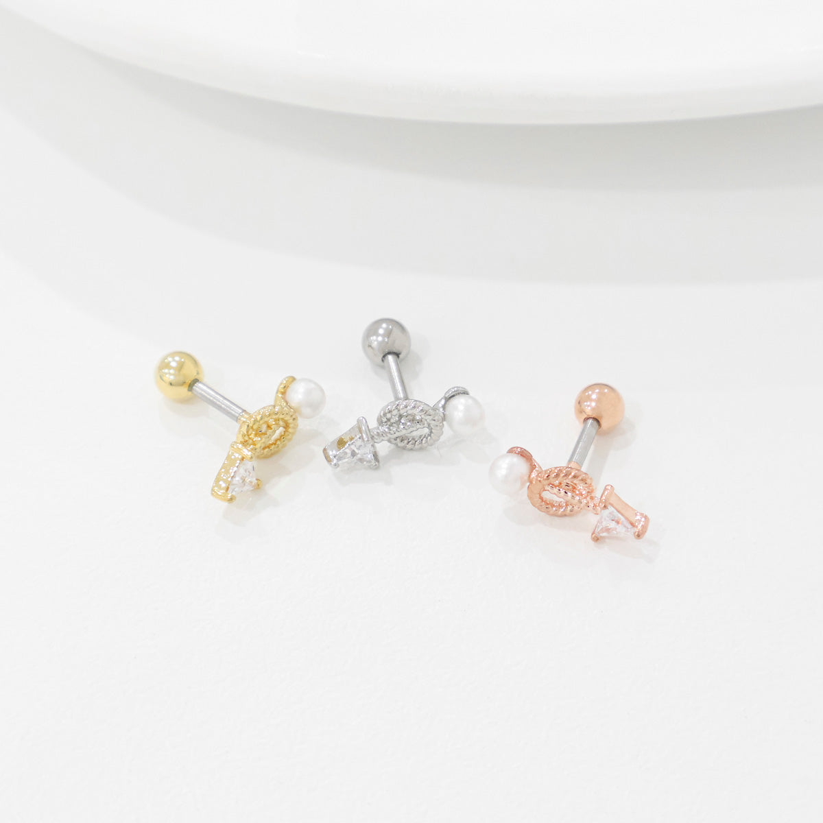 Arrow Pearl Drop Helix Stud - Twisted Rope CZ Cartilage Earring (Surgical Steel)