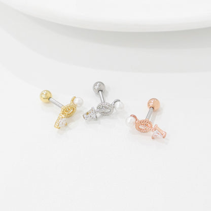 Arrow Pearl Drop Helix Stud - Twisted Rope CZ Cartilage Earring (Surgical Steel)