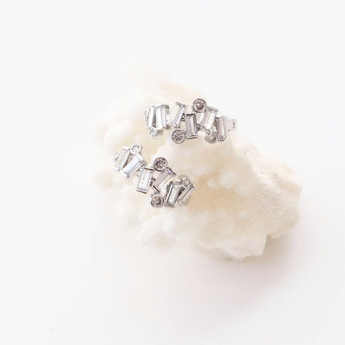 Geometric Bezel Setting Huggie Hoop Earrings - Brass Silver Post