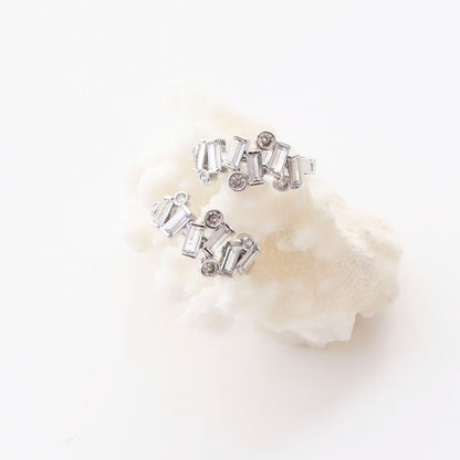 Geometric Bezel Setting Huggie Hoop Earrings - Brass Silver Post