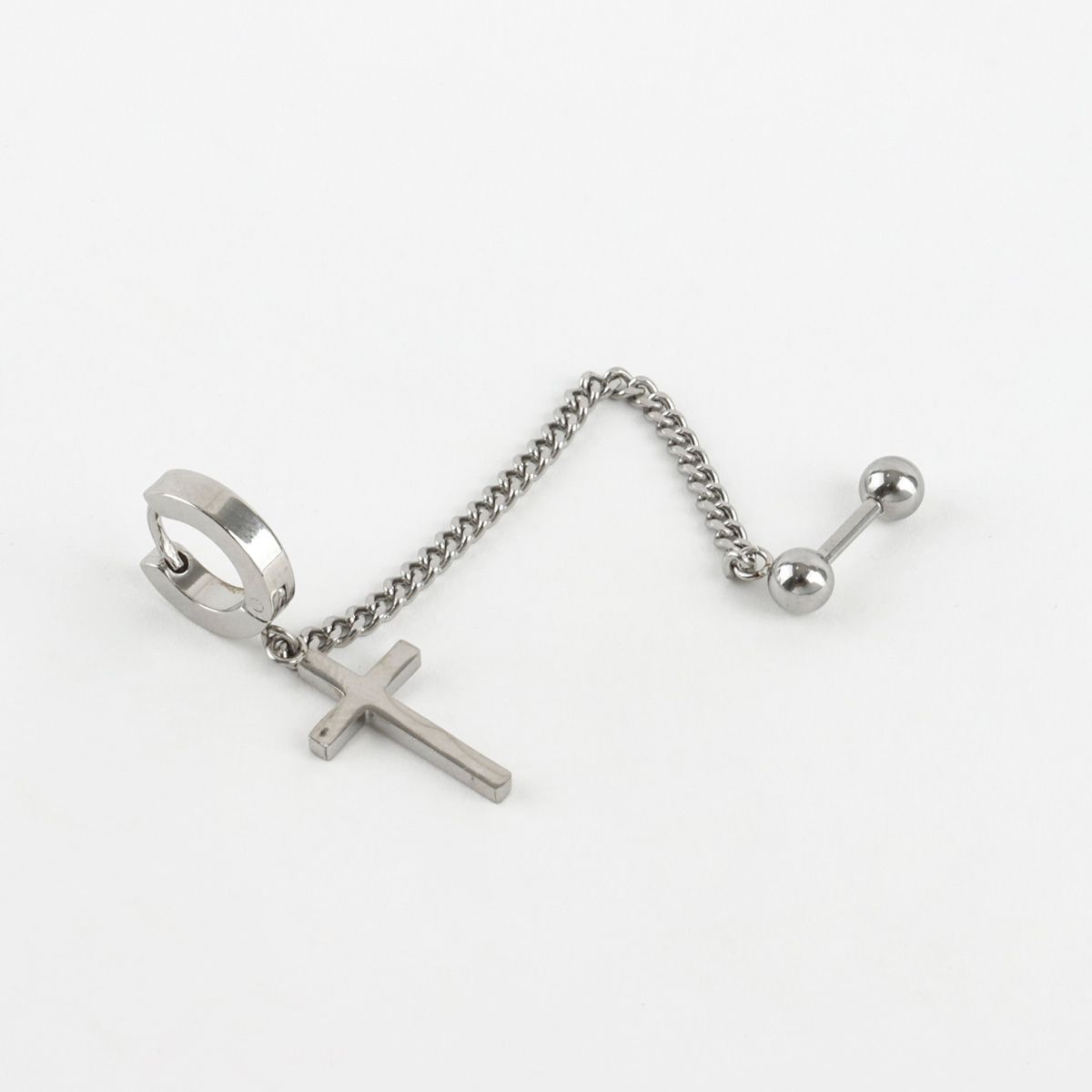 Cross Chain Barbell Earring, Silver Unisex Punk Style