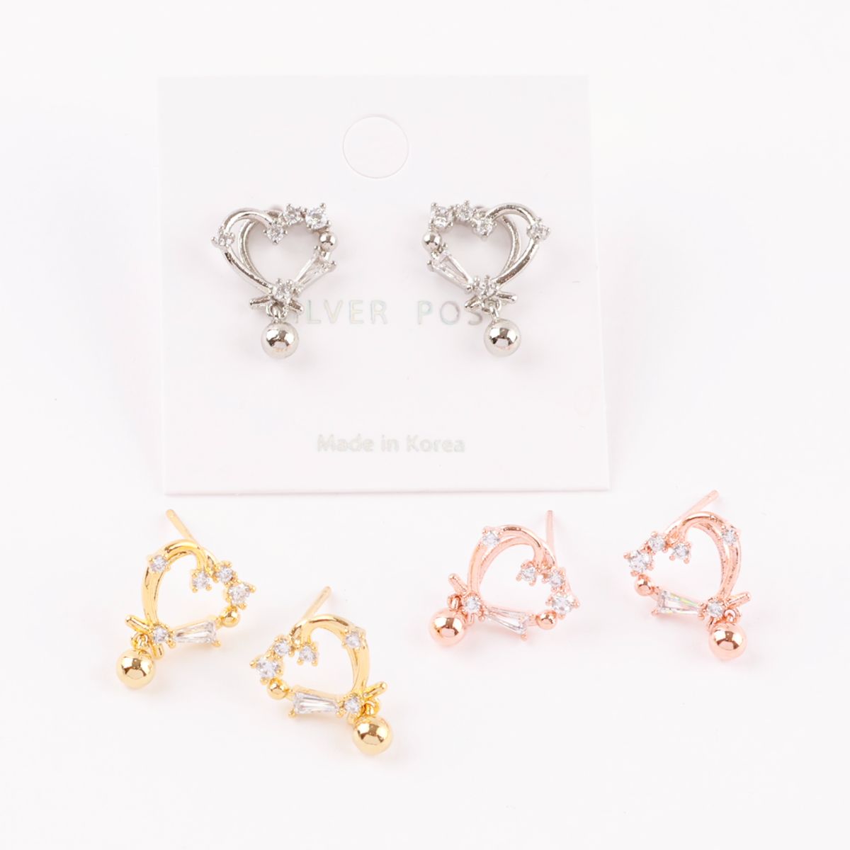 Romantic Heart Cubic Zirconia Drop Earrings - 925 Silver Post in Gold, Silver & Rose Gold
