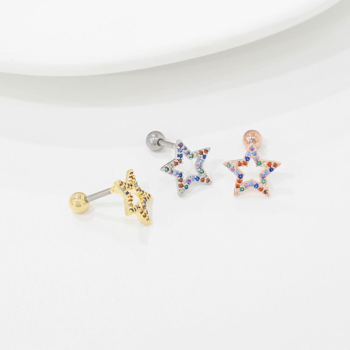 Rainbow CZ Star & Moon Piercing — Cartilage Helix Stud | Gold Silver Rose Gold