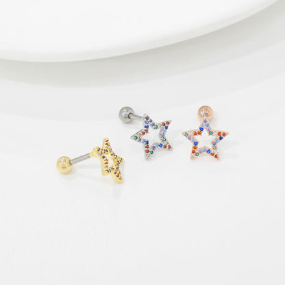 Rainbow CZ Star & Moon Piercing — Cartilage Helix Stud | Gold Silver Rose Gold