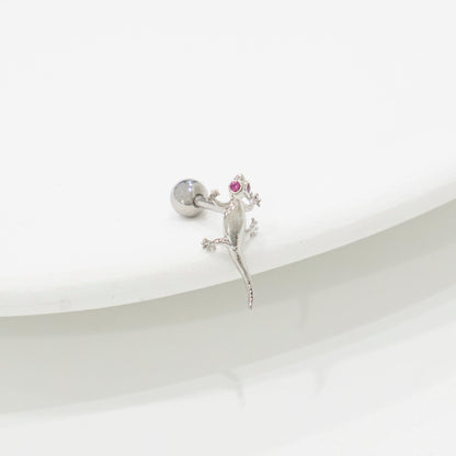 Single silver gecko cartilage stud with pink cubic zirconia eye, surgical steel hypoallergenic piercing