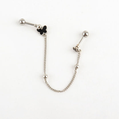 Surgical Steel Double Piercing Chain Earring Butterfly Rose Cartilage Barbell Stud