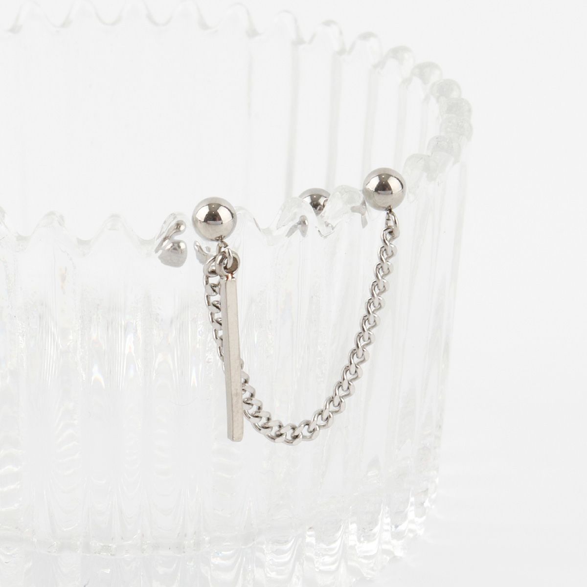Surgical Steel Double Barbell Chain Connected Earring with Stick Drop