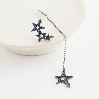 Midnight Galaxy Asymmetrical Star Drop Earrings - Pave Set Blue