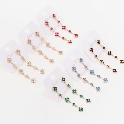 Complete collection of clover drop earrings in 6 colors: crystal, pink, ruby, emerald, turquoise, black