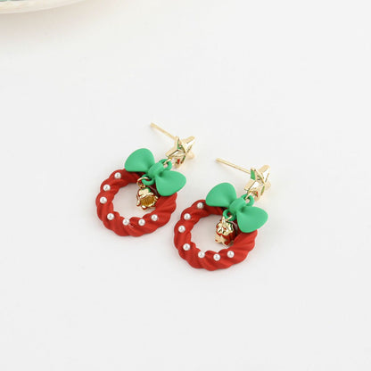 Christmas Wreath Earrings - Holiday Bell Drop Earrings with Bow