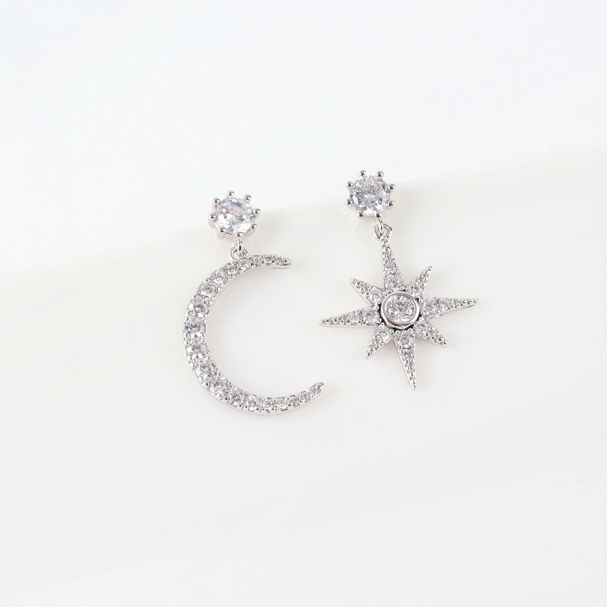 Celestial Moon and North Star Asymmetric Drop Earrings - 925 Silver Posts