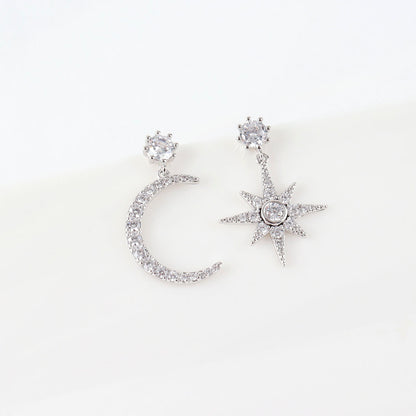 Celestial Moon and North Star Asymmetric Drop Earrings - 925 Silver Posts